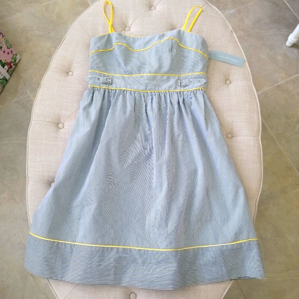 LONDON TIMES Y2K Blue White Yellow Brunch Dress Spaghetti Strap Empire Stripe 10